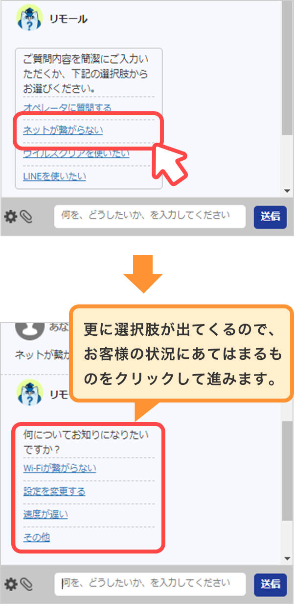 メッセージボックス内に質問内容を入力して送信をクリックします。回答が表示されます。参照URLが表示された場合、URLをクリックすると見ることができます。