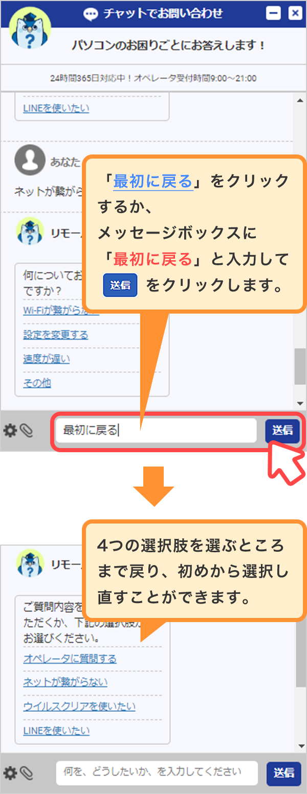 メッセージボックスに「最初に戻る」と入力して「送信」をクリックします。3つの選択肢を選ぶところまで戻り、初めから選択し直すことができます。