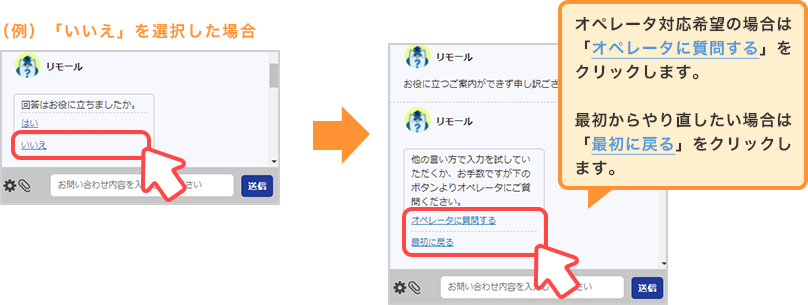 オペレーター対応希望の場合は「オペレーターに質問する」をクリックします。最初からやり直したい場合は「最初に戻る」をクリックします。